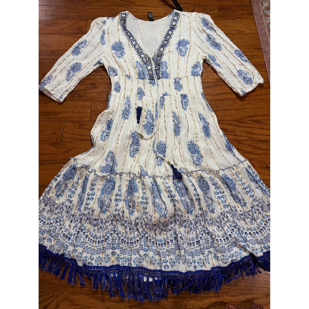 Me 2 Magic Boho Midi Dress White Blue Gold Lurex Tassel Fringe Smocked Waist L